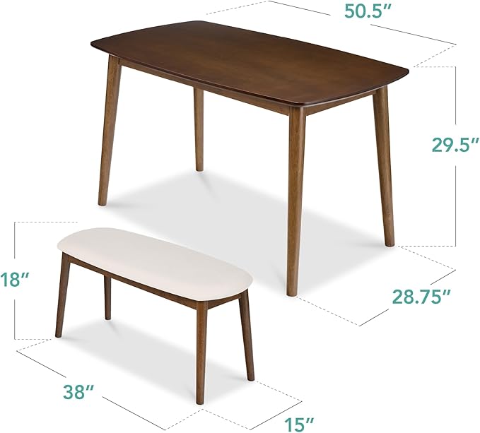 Best Choice Products 3-Piece Mid-Century Modern Wood Dining Kitchen Table & Chair Set w/ 2 Upholstered Bench Seats - Walnut/Cream
