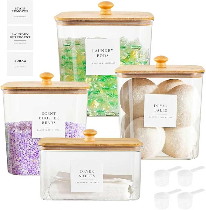 3+1 Pack Laundry Pods Container & Dryer Sheet Holder, Acrylic Square Laundry Room Organization and Storage Jars with Wooden Lids & Labels for Powder, Scent Booster, Detergent