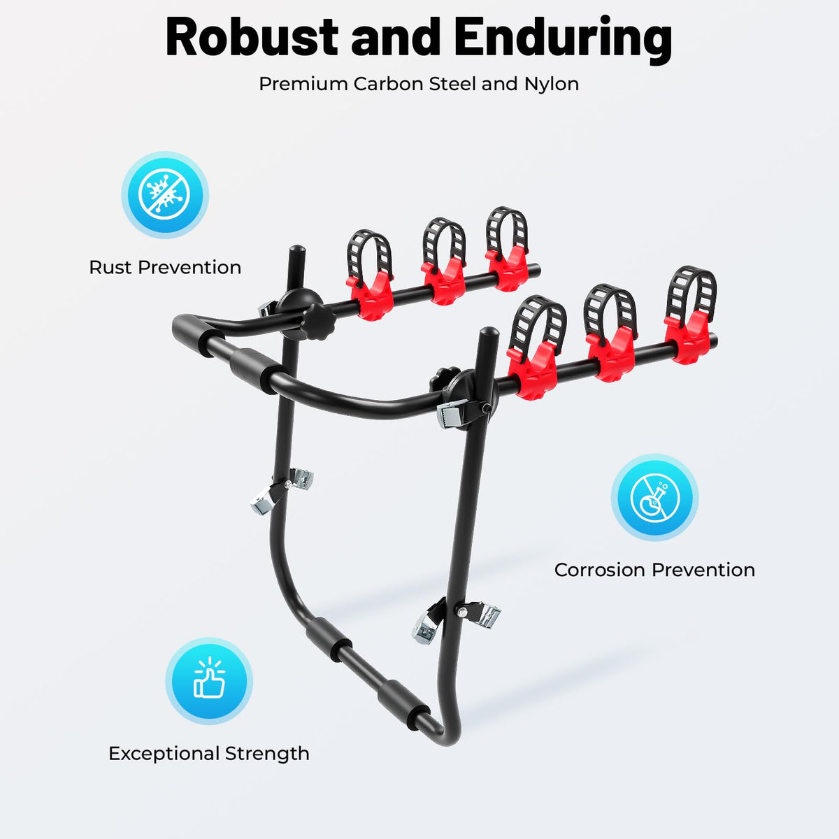 3-Bike Trunk Mount Rack for Cars, SUVs & Minivans – Heavy Duty 44.1 lbs Capacity Bike Carrier with Anti-Slip Slots & Soft Pads