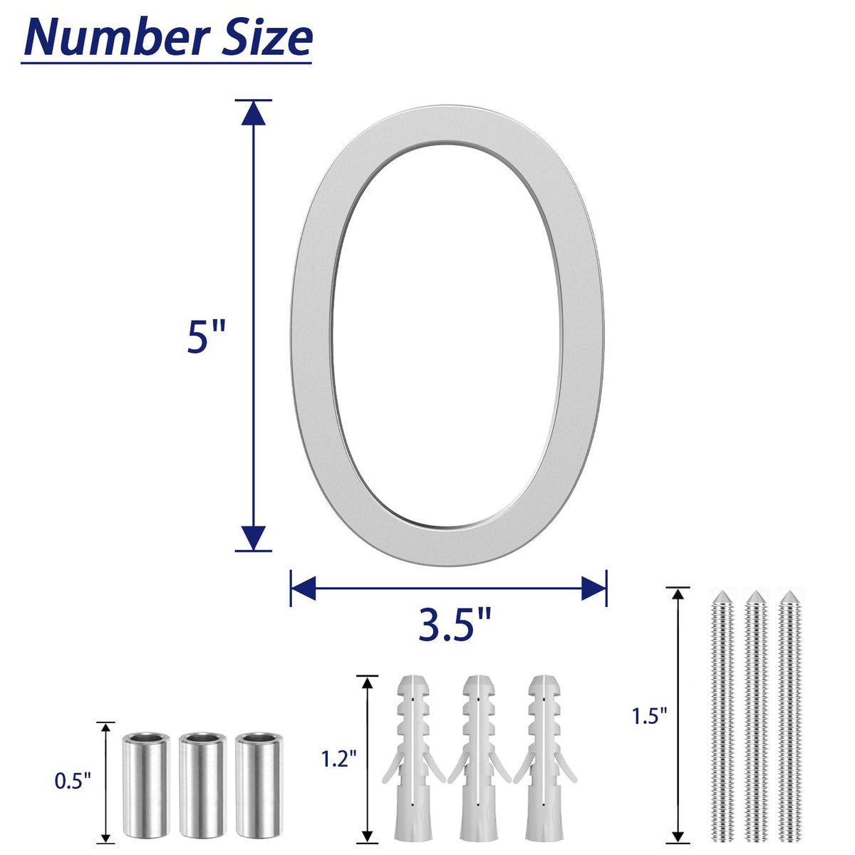 Modern House Numbers for Outside, 5 Inch Floating House Numbers, Metal Address Sign, Mailbox Number, with Nail Kit, Never Rust, Matte Silver (Silver, 0)
