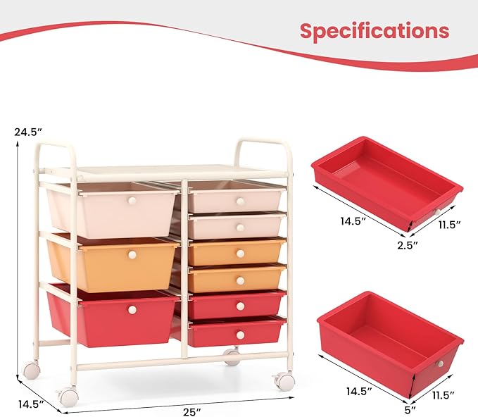 COSTWAY Rolling Storage Cart with 9 Drawer, Mobile Utility Cart with Metal Frame, Art Supply Craft Organizer, Multipurpose Storage Organizer for Paper, Office, School Teacher, Classroom, Macaron