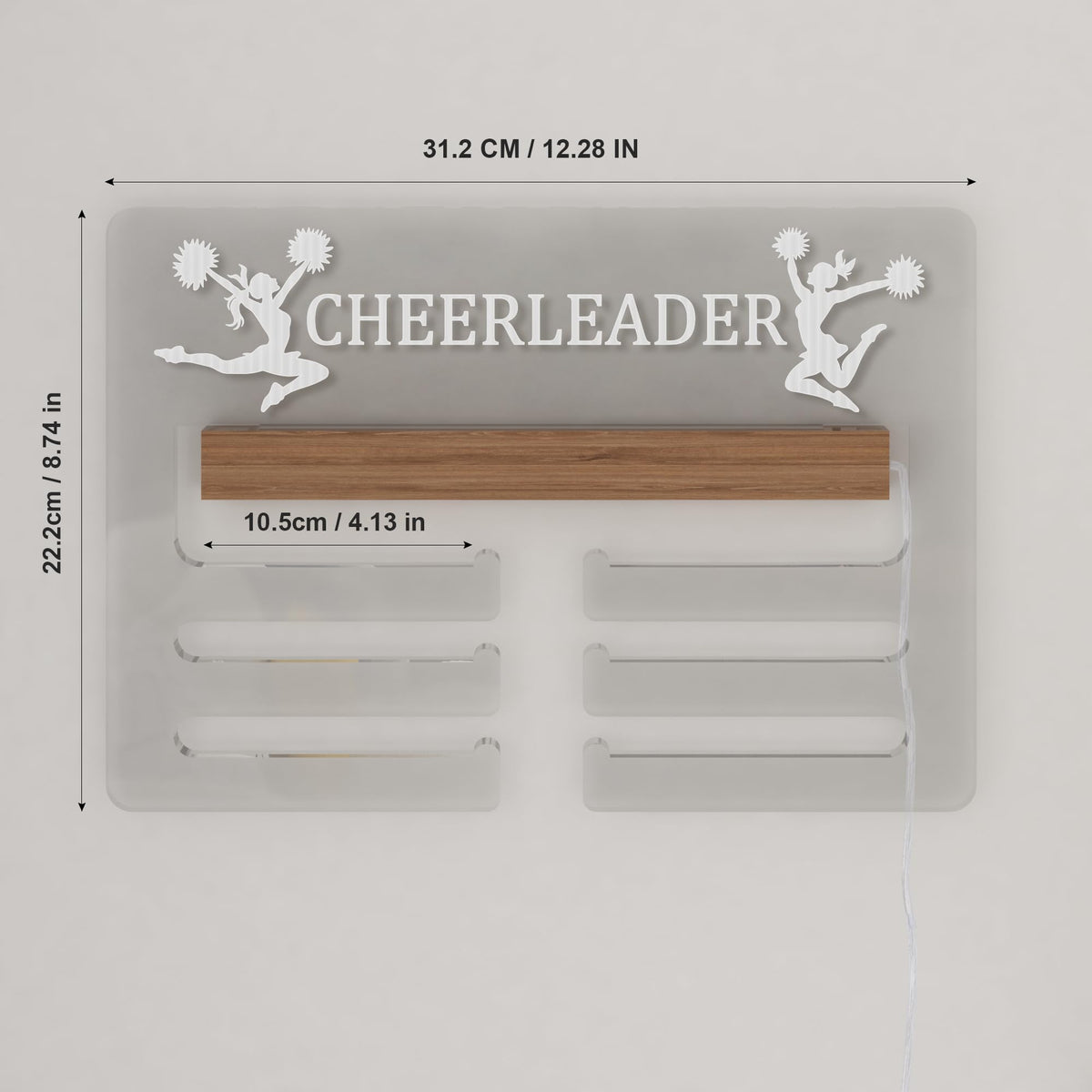 Ammonite Light up Cheerleader Medal Hanger Display, Holder Rack for Awards or Ribbons, Sports Themed Ribbon Holder for Wall, Tiered Award Rack