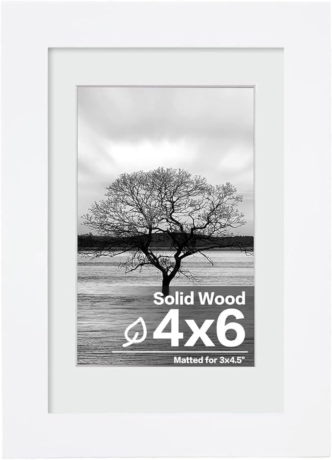 Egofine 4x6 Picture Frame Made of Solid Wood with Plexiglass, Display Pictures 3.5x5 with Mat or 4x6 Without Mat for Tabletop and Wall Mounting, White