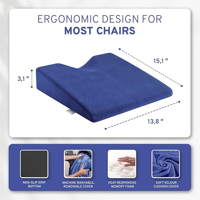 Wedge Pillow for Office Chair Cushion and Car Seat Cushion - Medium Firm Memory Foam Seat Pad for Truck Seat, Gaming Chair - Orthopedic Support and Pain Relief for Tailbone and Hip