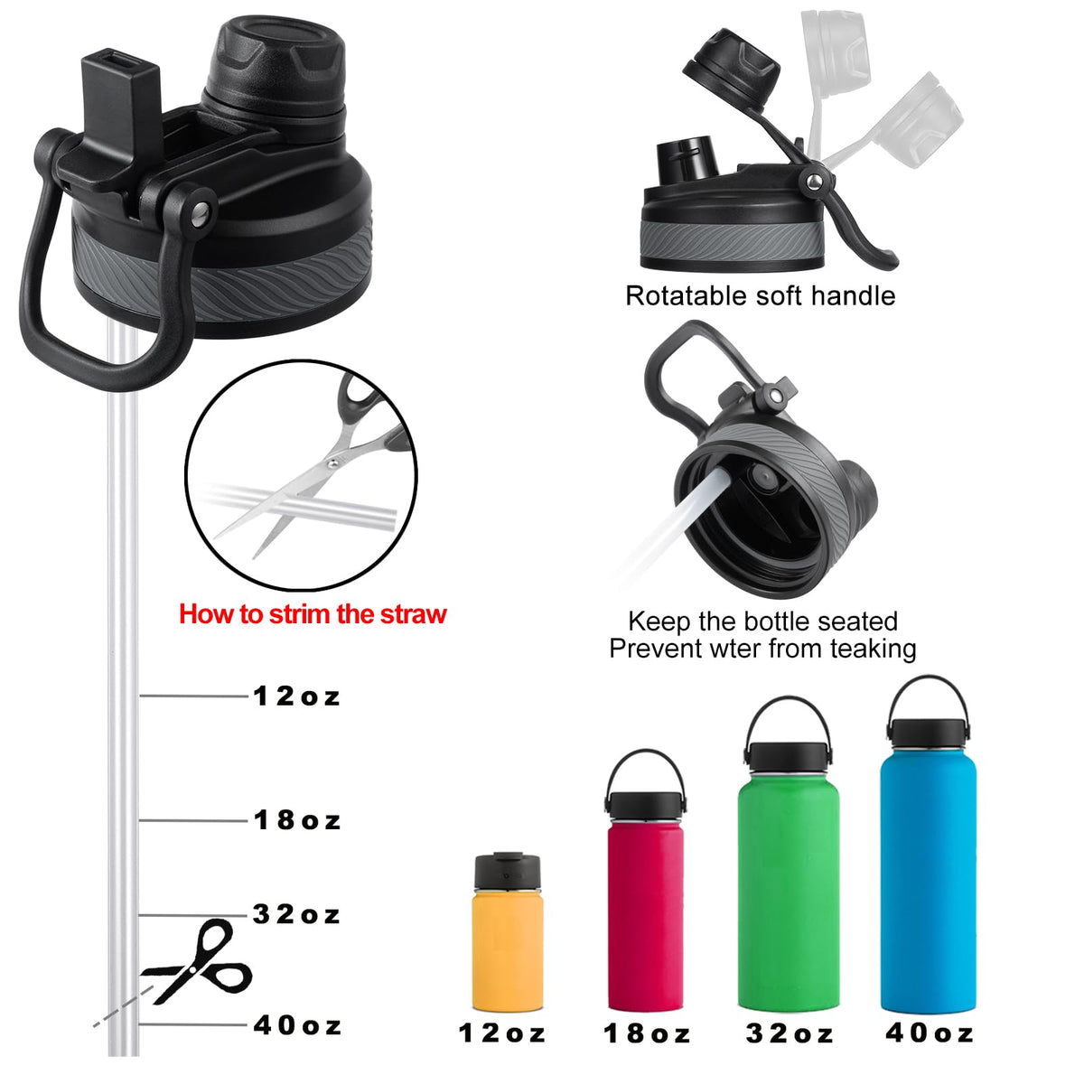 Hydro Flask Wide Mouth Lids - Chug Lid Replacement Sport Cap for 16, 20, 24, 32, 40 OZ (Black+White)
