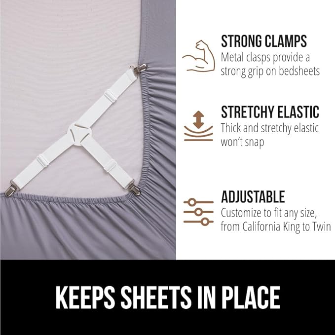 Gorilla Grip Headboard Gap Pillow and Bed Sheet Straps, Headboard Gap Pillow Size Twin Cream, Dense Foam Wedge, Sheet Fasteners 4 Pack White, Adjustable Elastic with Metal Clips, 2 Item Bundle