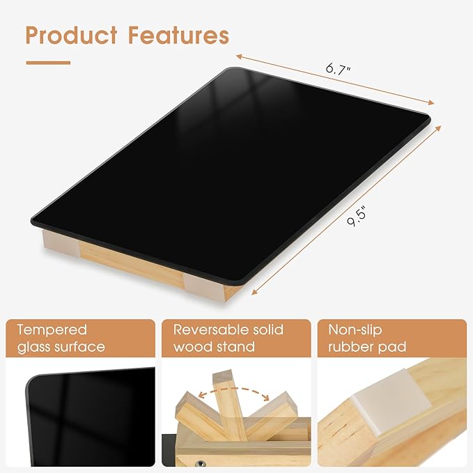 Desktop Black Glass Dry Erase Board, Small Glass Whiteboard with Adjustable Wood Stand - Reusable Desk Notepad 9.5" x 6.7" for Home Office