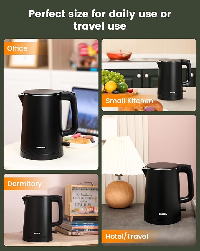 SKOBOIL Electric Kettle Small for Tea & Coffee, 0.8L (27OZ) Double Wall Stainless Steel Hot Water Boiler, Fast Boiling Water Heater & Teapot with Auto Shut-Off, Boil-Dry Protection