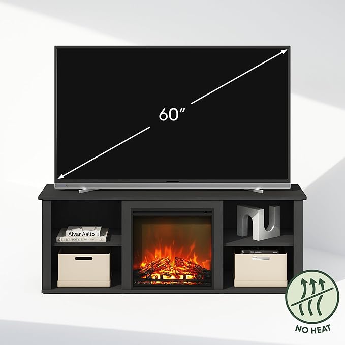 Furinno Jensen Fireplace TV Stand, NO Heat Decorative Electric Fireplace TV Stand for TV up to 60 Inch, with Open Storage, for Living Room, Americano