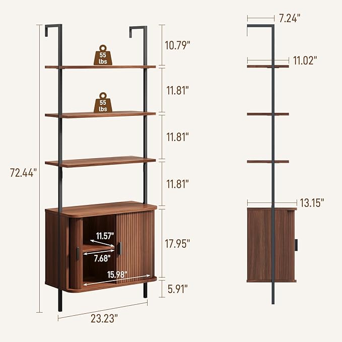 72" Tall Fluted Bookshelf, 4-Tier Open Display Ladder Shelf with Sliding Tambour Doors, Modern Wall Mounted Bookcase Cabinet with Metal Frame for Living Room, Bedroom, Home Office, Walnut
