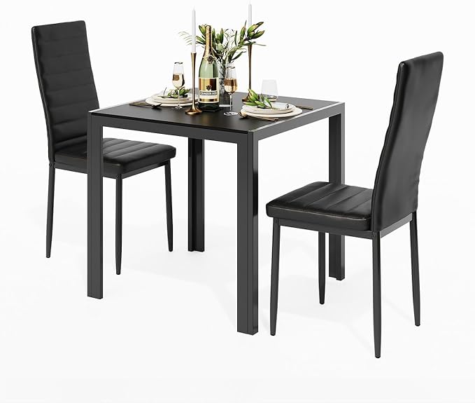 Gizoon 3 Piece Glass Dining Table Set, Kitchen and Chairs for 2, PU Leather Modern Room Sets for Home, Kitchen, Living Room