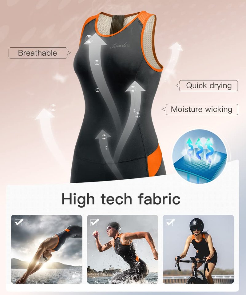 Santic Women Triathlon Suit Back Zipper tri Suit Padded One-Piece Sleeveless Swimsuits Quick-Dry(Orange,M)