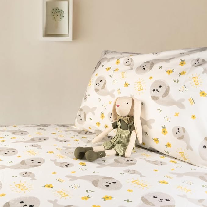 Salt Earth 100% Cotton 210TC Kids Bedsheet, Twin Fitted Sheet, Toddler Bed, 2 Piece Bedding Set- 1 Fitted Sheet and 1 Pillowcase, Themed Toddler Bed Sheets, Cute Sheets for Kids Bed (Seal)