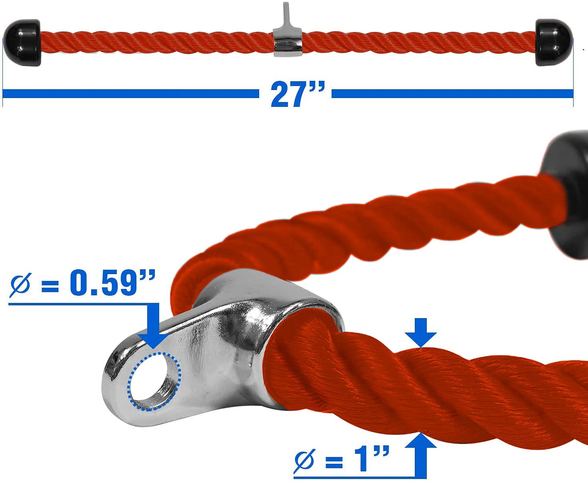 Yes4All Deluxe 27" Red Tricep Rope with Carabiner, Exercise Machine Attachments, Pulley System Pull Down Rope, LAT Cable Attachment for Row Machine & Cable Machine