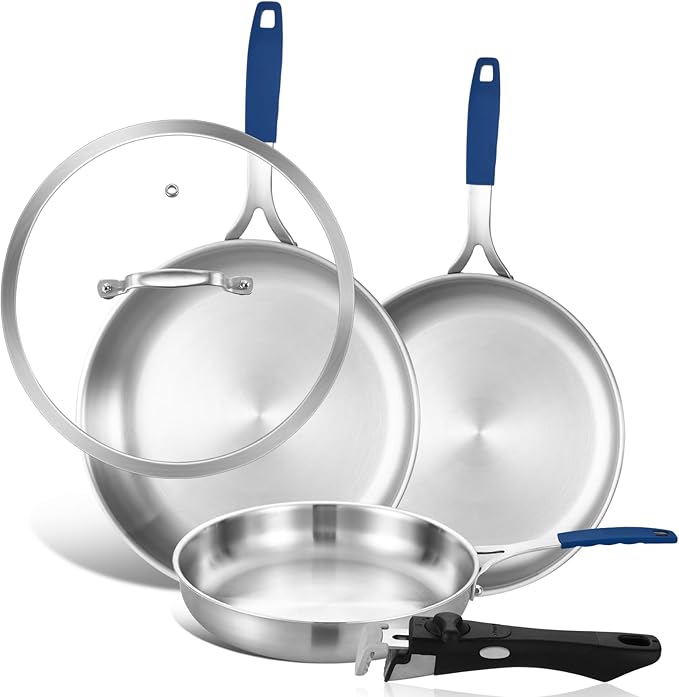 Inqibee 8.5-10-12 Inch Stainless Steel Pans Set with Lid, Detachable Handle
