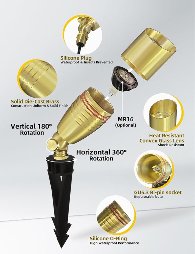 COLOER Die-cast Brass Landscape Spotlight 10-Pack Without Bulb,12V AC/DC Low Voltage Copper Outdoor Lighting with Ground Stake, Directional Garden Patio Spot Up Light (102B Copper Finish)