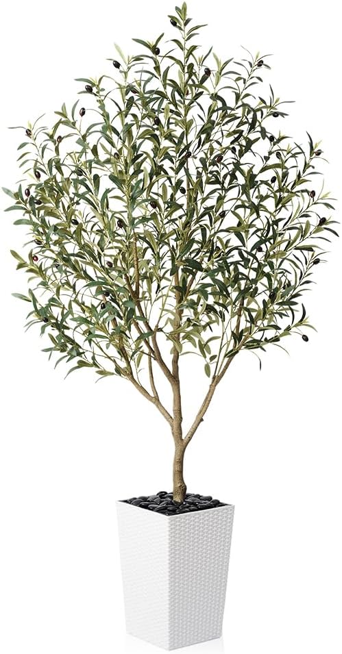 Artificial Olive Tree 6FT Indoor&Outdoor Faux Plant - UV Resistant Large Fake Tree with White Planter & Pebbles, Realistic Tall Potted Artificial Trees for Modern Home Decor Office Living Room VN132