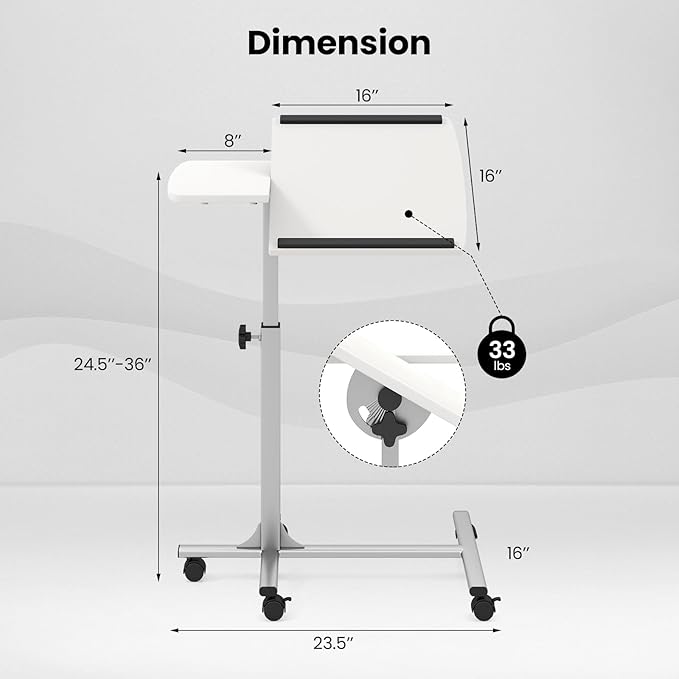 COSTWAY Rolling Laptop Stand, Mobile Laptop Tray and Cart with 45 °Degree Swivel Tilting Tabletop, Height Adjustable Mobile Podium from 24.5'' to 36'', Overbed Computer Table for Sofa, Bed (White)