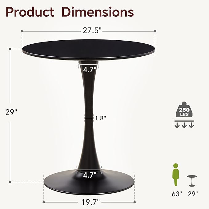 Small Space 27.5 Inch Black Round Tulip Dining Table - Modern Pedestal Base Kitchen Table for 2-4 People - Easy Assembly & Easy to Clean