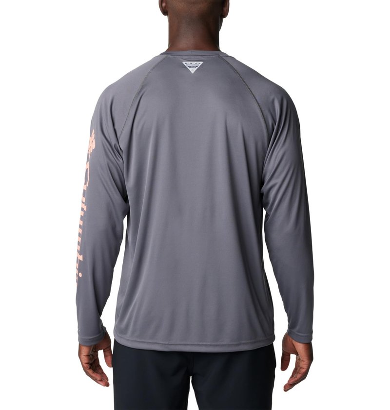 Columbia Men's Terminal Tackle Long Sleeve Fishing Shirt, City Grey/Tiki Pink Logo, XX-Large