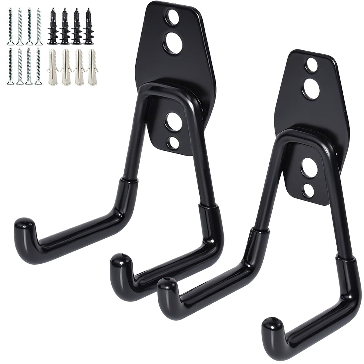 GeeWatom 2 Pack Garage Storage Utility Hooks，Garage Garden Tool Organizer，Steel Wall Mount Hooks, Garden Small U Hooks (Black)