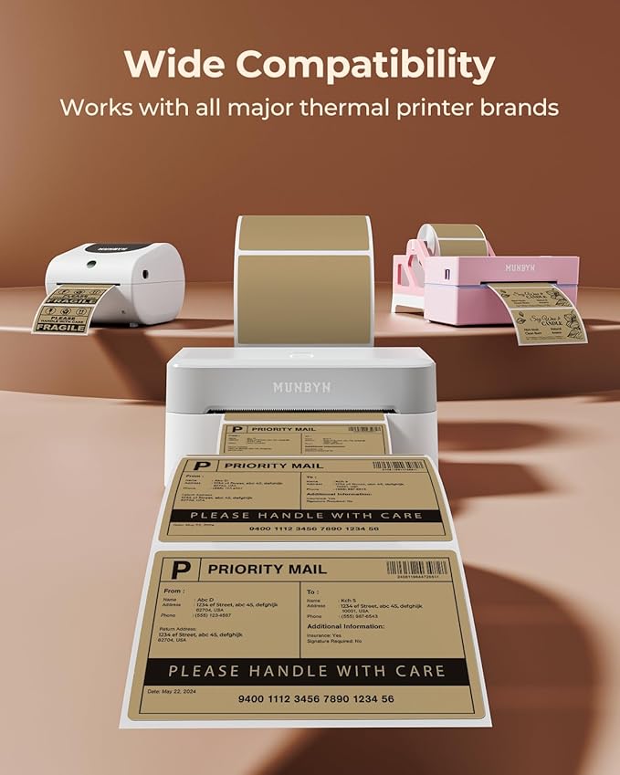 MUNBYN 4” X 3” Direct Thermal Labels, Thermal Printer Stickers, Strong Adhesive, Labels Paper for Mailing, Barcode, 500 Sheets/1 Roll, Brown