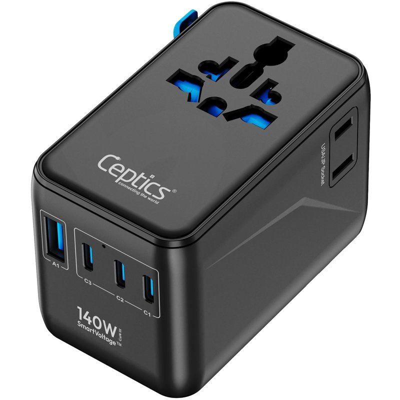 Ceptics 6 in 1 International Power Adapter with PD 140W USB-C, 1x USB-A, 3X Type C, Universal Input and 1x USA/JP Input with Type A, C, G, I Plug outlets for Global Travel – CE & RoHS Certified