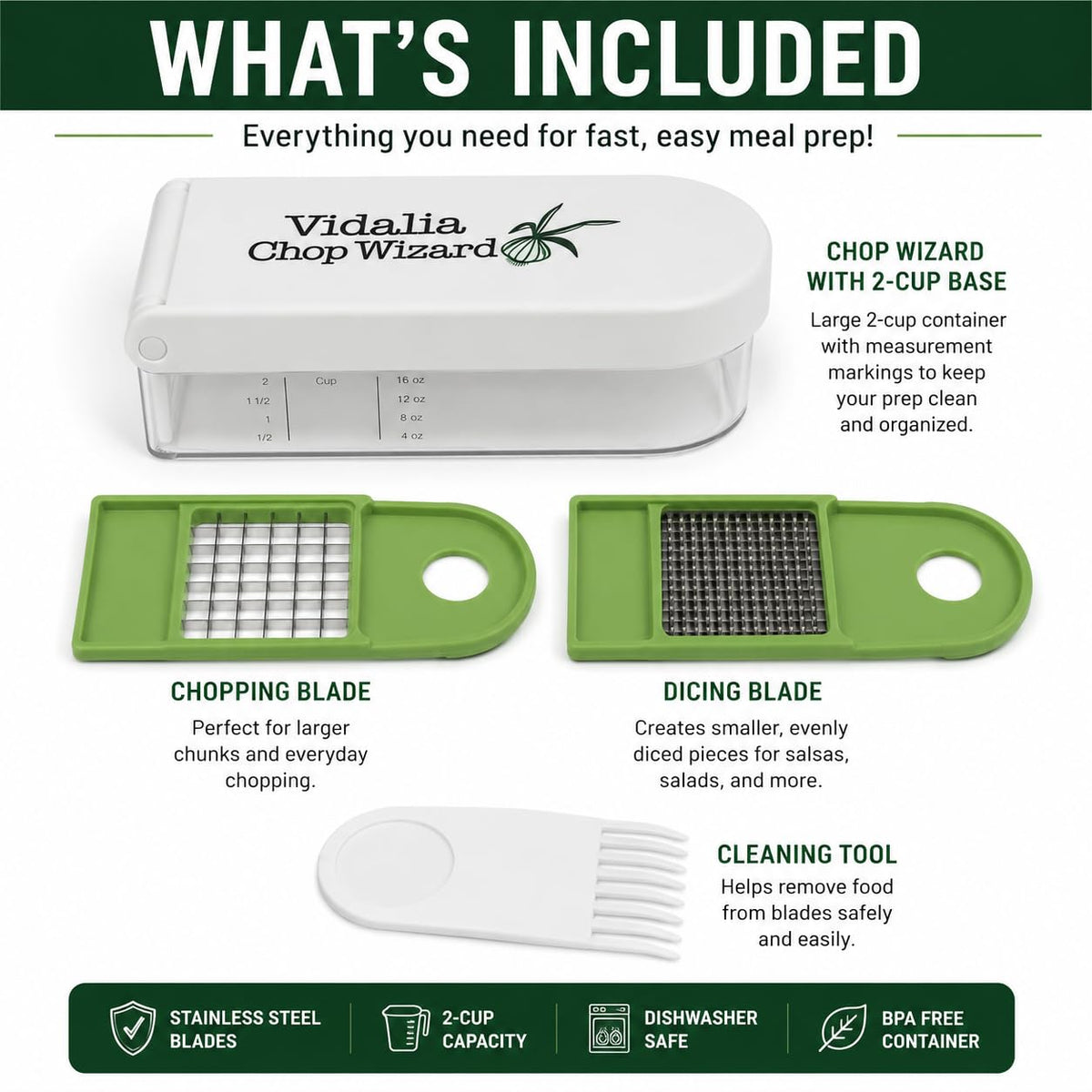 Vidalia Chop Wizard Vegetable Chopper – Original As Seen On TV Food Dicer with 2 Stainless Steel Blades, Large 2-Cup Container, Cleaning Tool, Dishwasher Safe Onion & Vegetable and Fruit Cutter