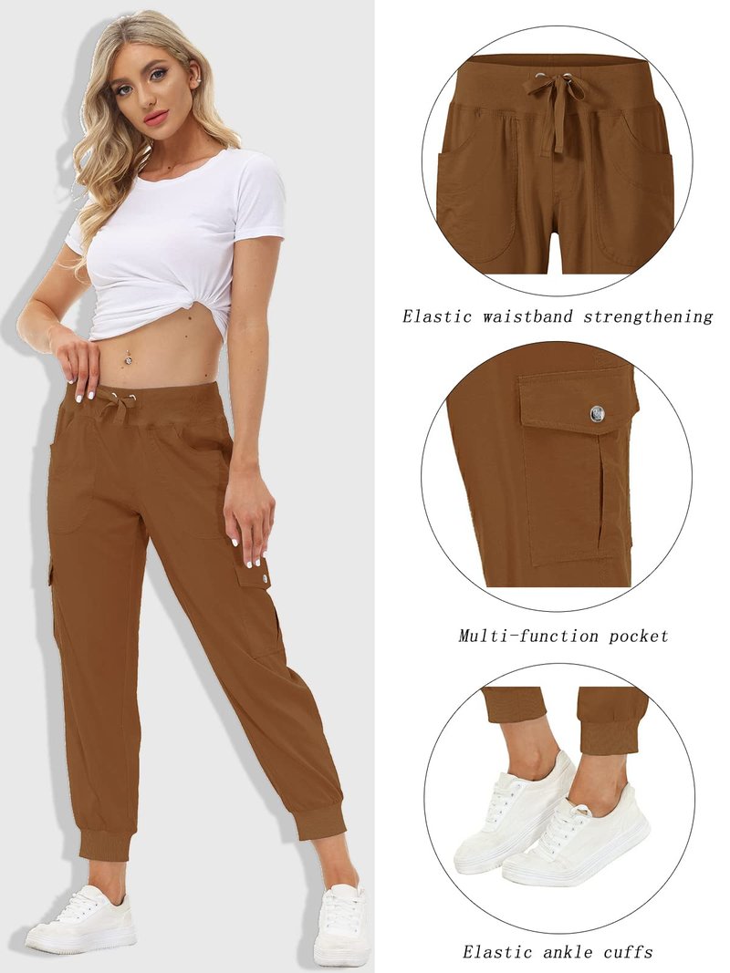 MoFiz Womens Lightweight Quick Dry Cargo Pants Outdoor Summer Travel Casual Sports Hiking Jogger Sweatpants Button Pockets Earthy Yellow 2XL