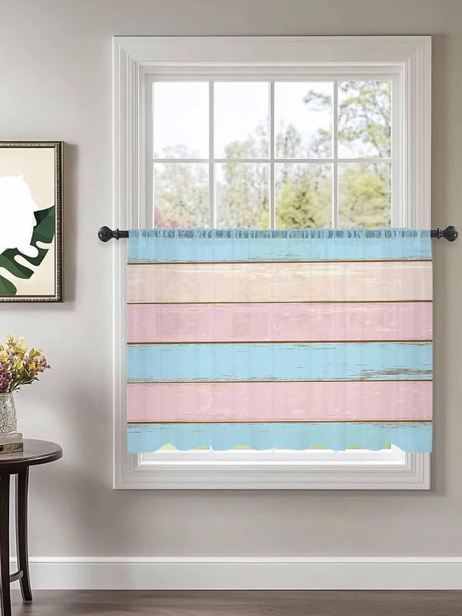 Sheer Curtains 45 Inch Length, Farmhouse Country Shabby Striped Privacy Voile