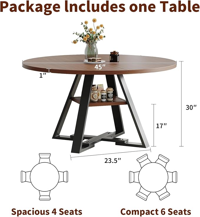45.3" Round Walnut Dining Table for 4 – Mid-Century Modern Pedestal Table for Kitchen, Dining Room, Small Apartment or Breakfast Nook