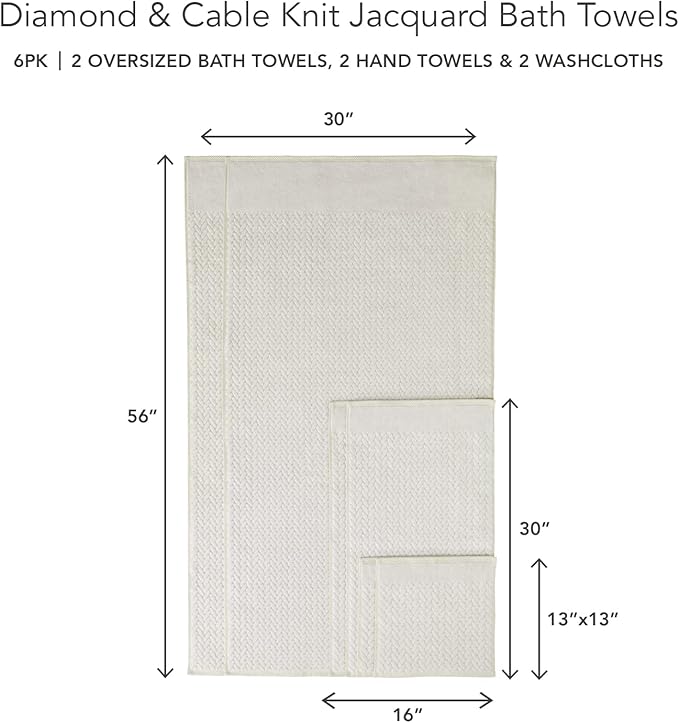 Texere 100% Organic Cotton Jacquard 650 GSM Premium Bath Towel Sets - Extra Absorbent Quick Dry and Plush, 2 Large Bath Towels, 2 Hand Towels, 2 Washcloths (Cable, Birch, 6 Piece)