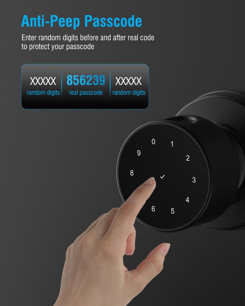 ADWUMAONG 5-in-1 Smart Fingerprint Door Knob with Keypad, Bluetooth/APP Control, Keyless Entry Door Lock, Easy No-Drill Installation for Front Door, Bedroom, Office