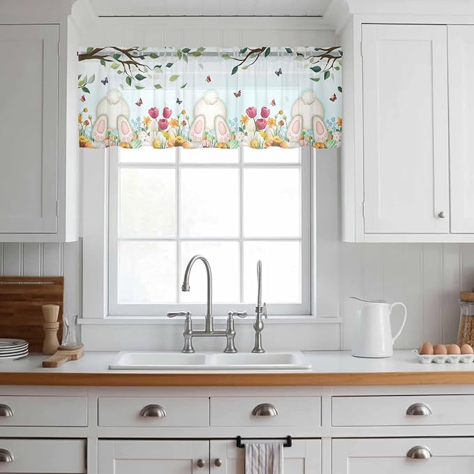 Easter Sheer Valances for Windows 54"x18", Light Filtering Kitchen Curtains