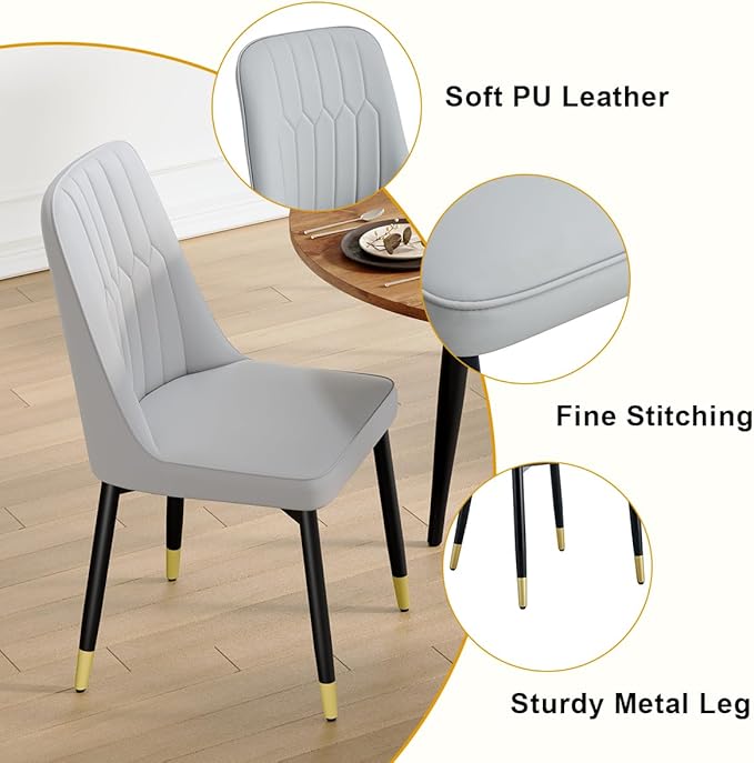 42"-54" Extendable Dining Table Set for 4, Round Dining Table Set for 4, 0.73" Thick Wood Tabletop with Smooth Edge, Black Metal Leg with Non-Slip Footmat, 4 Soft PU Chairs, for Kitchen, Small Space