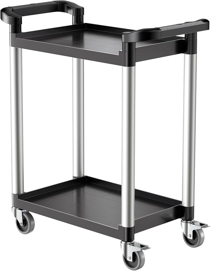 VEVOR Utility Cart, 300 lbs Load Capacity, 2-Tier Utility Plastic Cart with 360° Swivel Wheels (2 with Brakes), 24.4 x 16.1-inch Food Service Cart for Warehouse, Office, Home, Restaurant, Kitchen