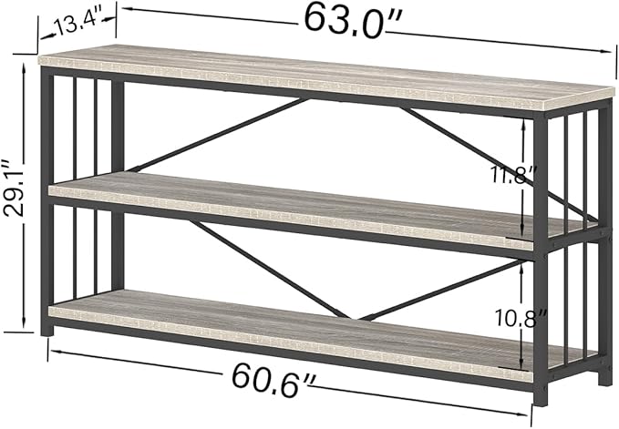 IBF Low Long Horizontal Bookshelf, Industrial Modern 3 Tier Etagere Bookcase, Large Wide Open Rustic Metal and Wood Grey Book Shelf for Bedroom Living Room Home Office Storage, Light Grey Oak, 63 Inch