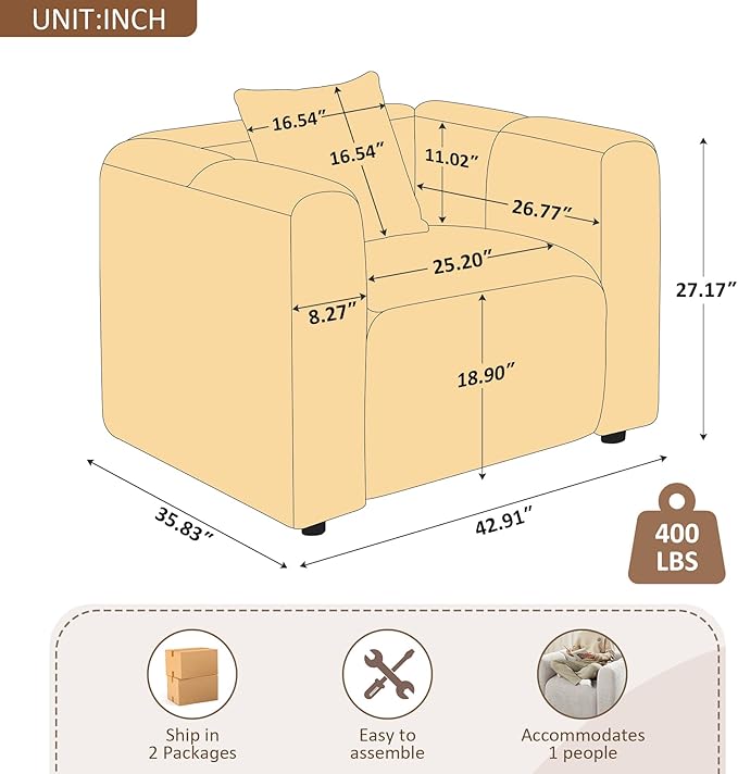 VANOMi 42" Width Accent Chair for Living Room, Modern Lounge Chair with Pillow, Comfy Upholstered Boucle Single Sofa Chair for Living Room (Light Khaki)