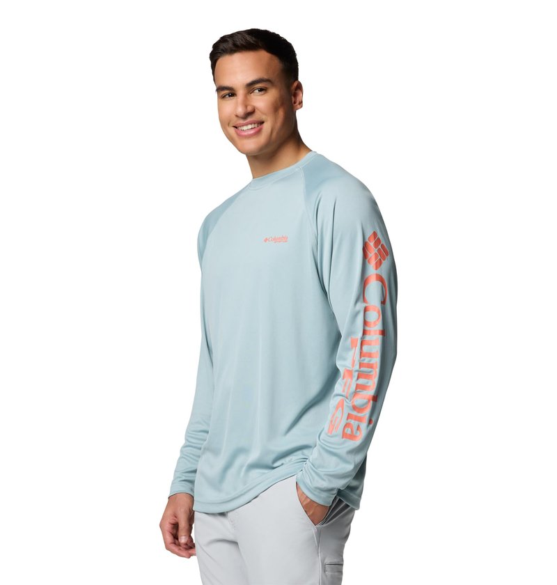 Columbia Men's PFG Terminal Tackle Long Sleeve Fishing Shirt, Crushed Blue/Faded Peach Logo, Large Tall