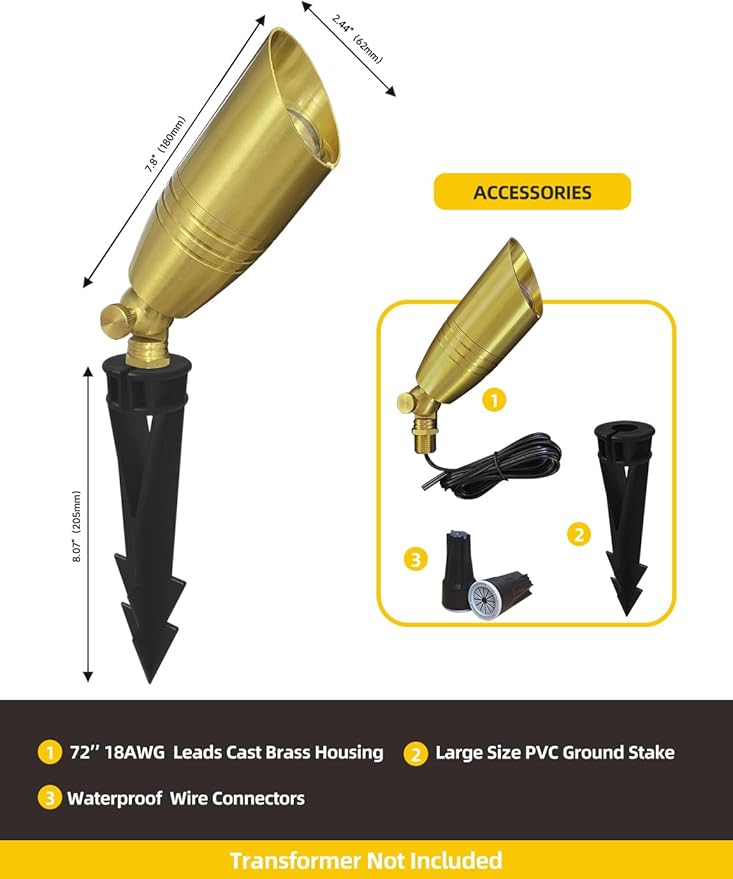 COLOER Die-cast Brass Landscape Spotlight 10-Pack Without Bulb,12V AC/DC Low Voltage Copper Outdoor Lighting with Ground Stake, Directional Garden Patio Spot Up Light (102B Copper Finish)