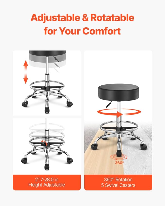 VEVOR Rolling Stool with Foot Rest and Wheels, 450 LBS Weight Capacity Round Rolling Stool Chair, Height Adjustable Thickened PU Leather Swivel Stool for Salon, Spa, Massage, Tattoo, Clinic, Black