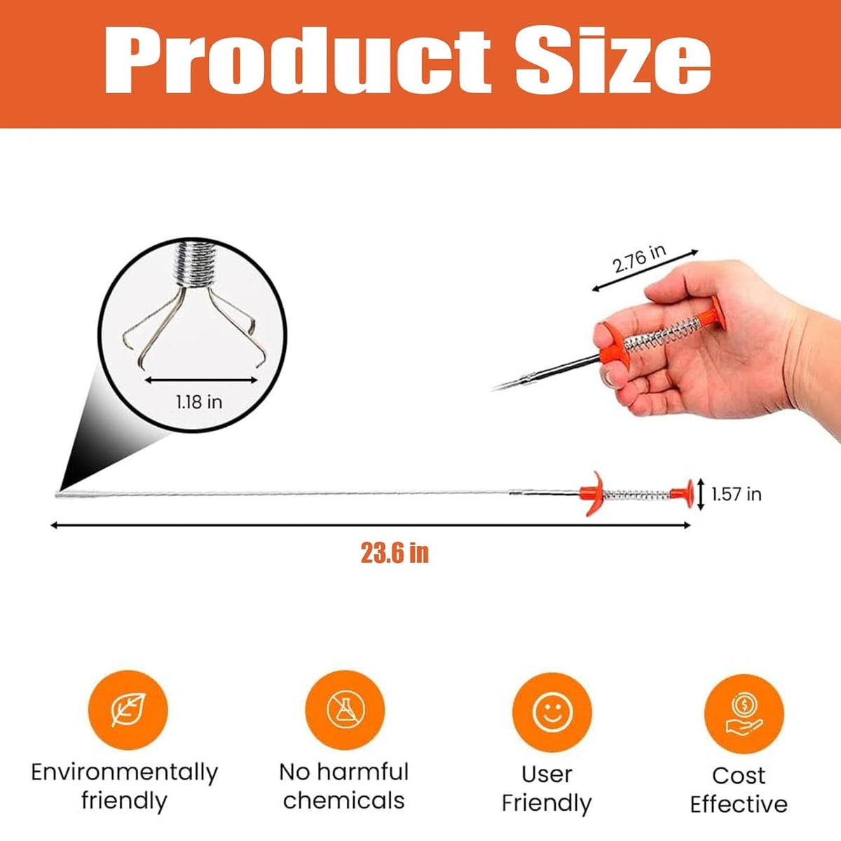 Drain Hair Clog Remover Tool – 24 Inch Flexible Steel Drain Cleaning Claw for Shower, Sink, Tub, Bathroom and Kitchen – Easy Hair Grabber for Clogged Drains, Plungers for Clearing Blocked Drains