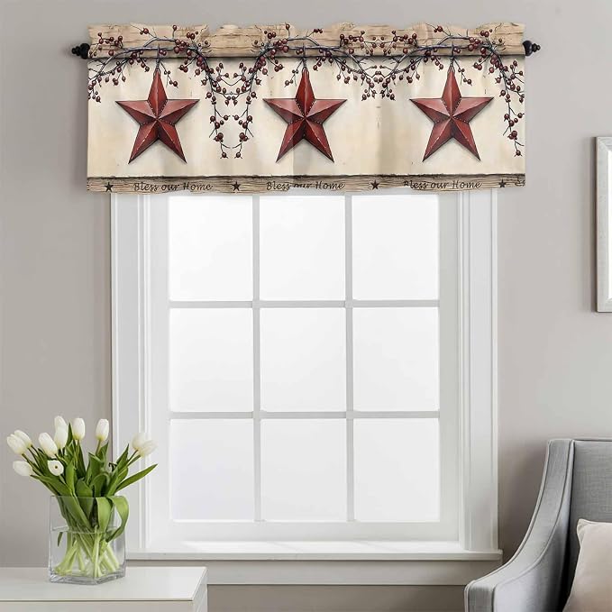 Farmhouse American Valances for Windows, Country Star Berries Vintage Wood