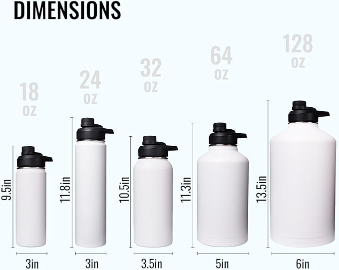 Gallon Water Bottle with 2 Lids (Straw & Spout), 304 Stainless Steel Water Jug with Handle and Wide Mouth, 1 Gallon Vacuum Double Walled Jug for Sports, Outdoors, Leak-Proof, White 128 oz