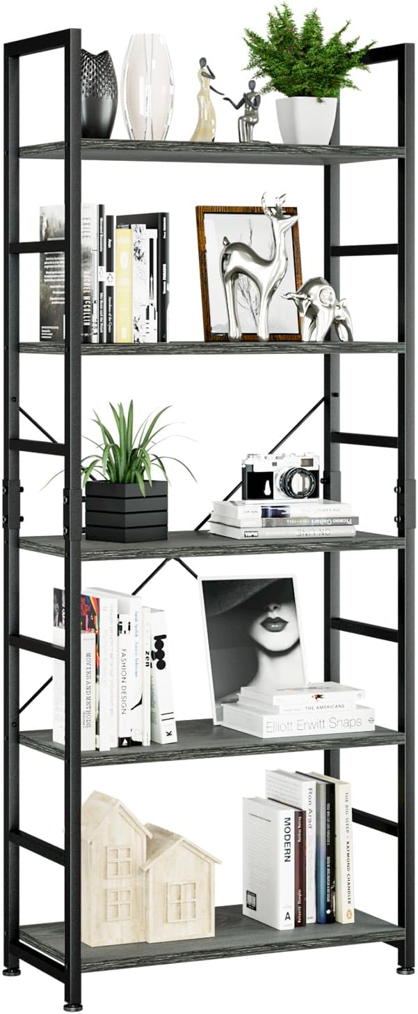 NUMENN 5 Tier Bookshelf, Tall Bookcase Shelf Storage Organizer, Modern Book Shelf for Bedroom, Living Room and Home Office, Dark Grey