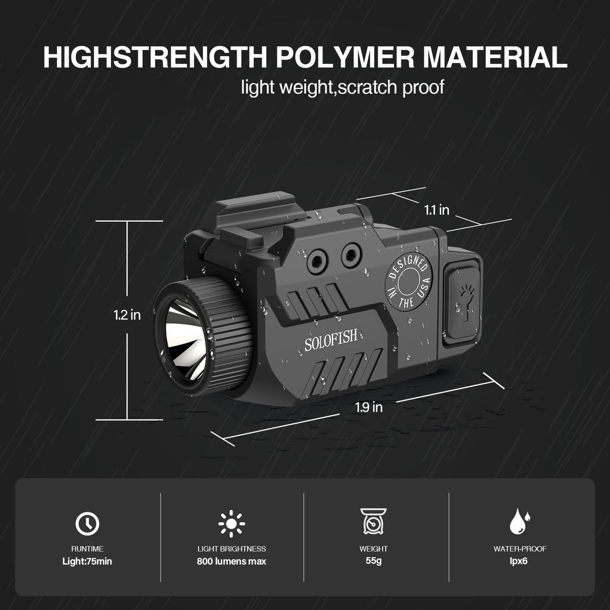 Solofish 800 Lumens Slidable Pistol Light with Strobe & Momentary