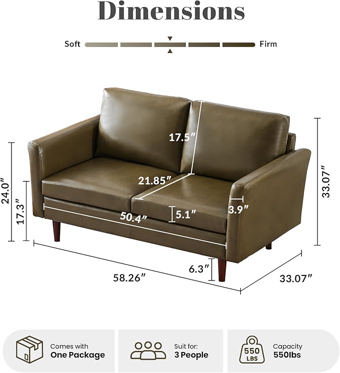 Kingfun Faux Leather 2 Seat Couch for Living Room, Mid Century Modern Sofa with Rolled Arms and Deep Seats, Fluffy Comfort for Apartment, Easy to Assemble, Olive Green