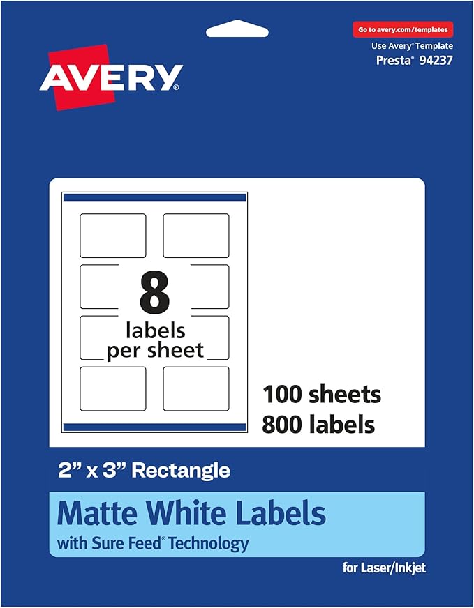 Avery Matte White Rectangle Labels, Sure Feed Technology, 2" x 3", 800 Matte White Printable Labels
