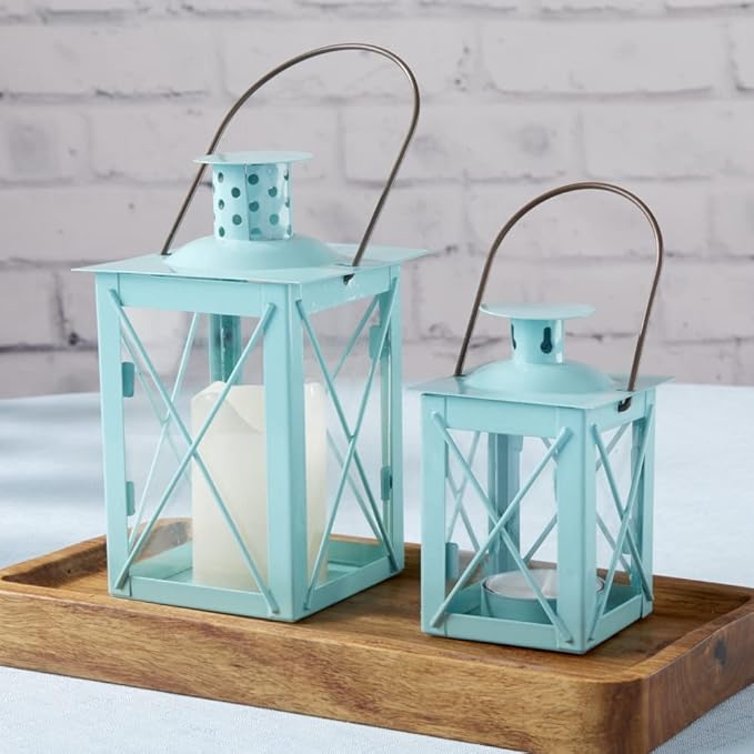 Kate Aspen Rustic Shelf Decor Luminous Vintage Tea Light Votive Candle Holders, Medium Metal Decorative Lantern, Teal Blue