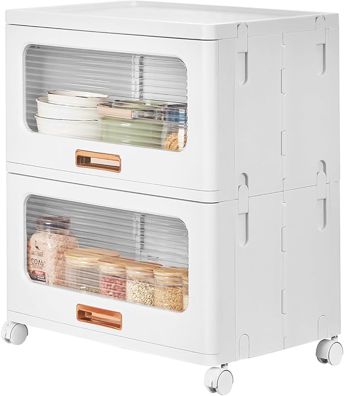 VECELO Storage Cabinet with Drawer, Pull-Out Stackable Bins with Wheels, Waterproof Modular Organizer, Multi-Tier Closet Storage for Bedroom, Living Room & Bathroom, Large 2-Tier